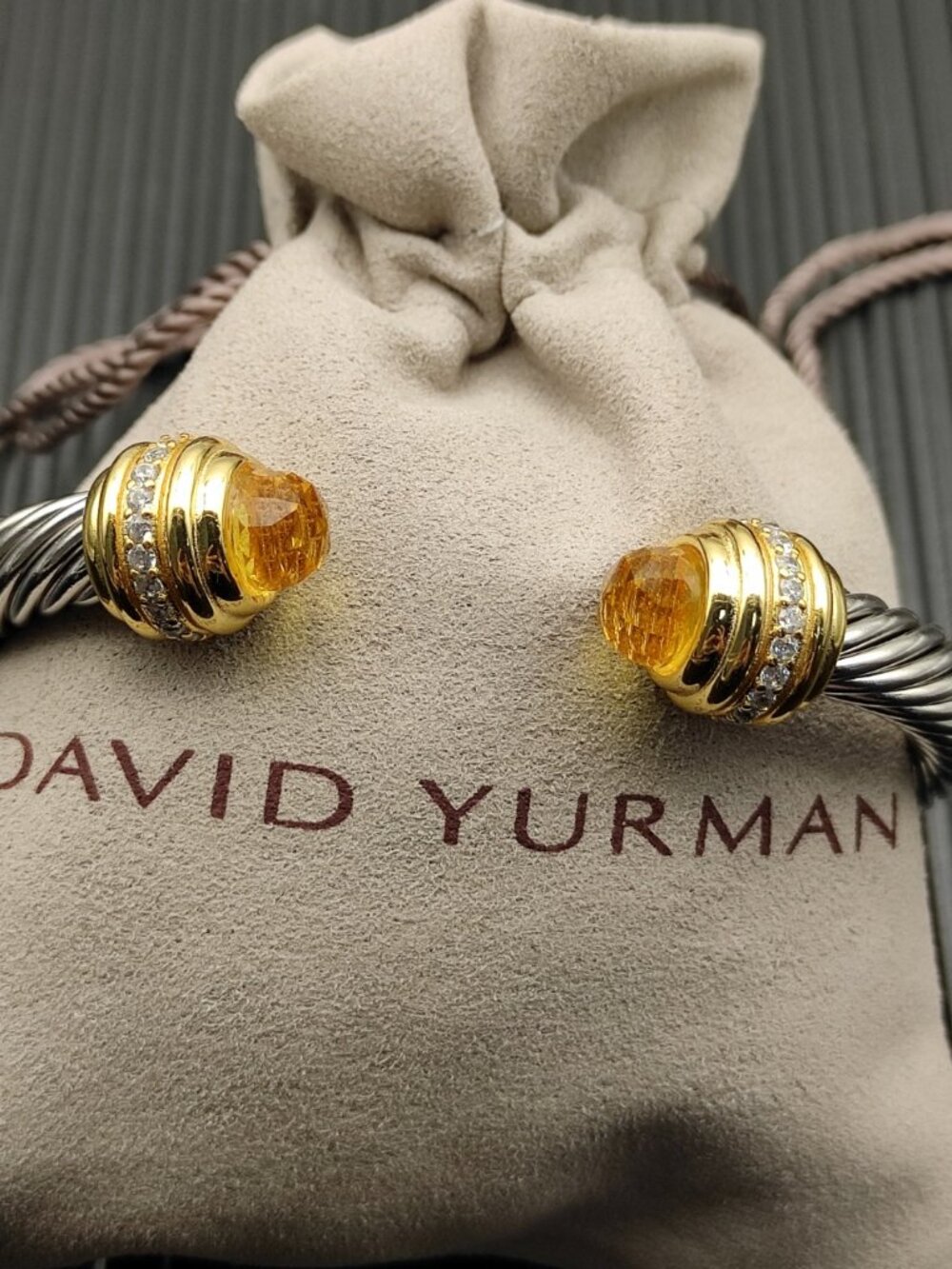David Yurman—Silver—7mm Bracelet with Gold End Caps Set with Yellow Diamonds - Picture 5 of 8